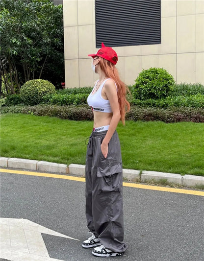 Y2K Black Parachute Cargo Pants – Oversized Wide Leg Streetwear Trousers