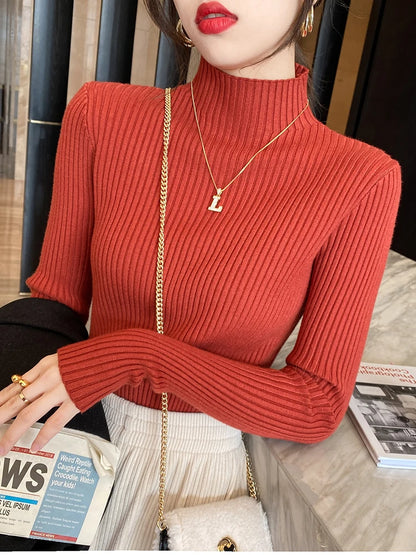 Women’s Minimal Mock Neck Knit Top – Slim Fit Long Sleeve Sweater
