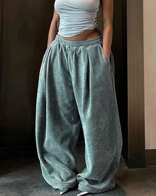 Y2K Wide-Leg Corduroy Pants – High Waist Oversized Streetwear Trousers