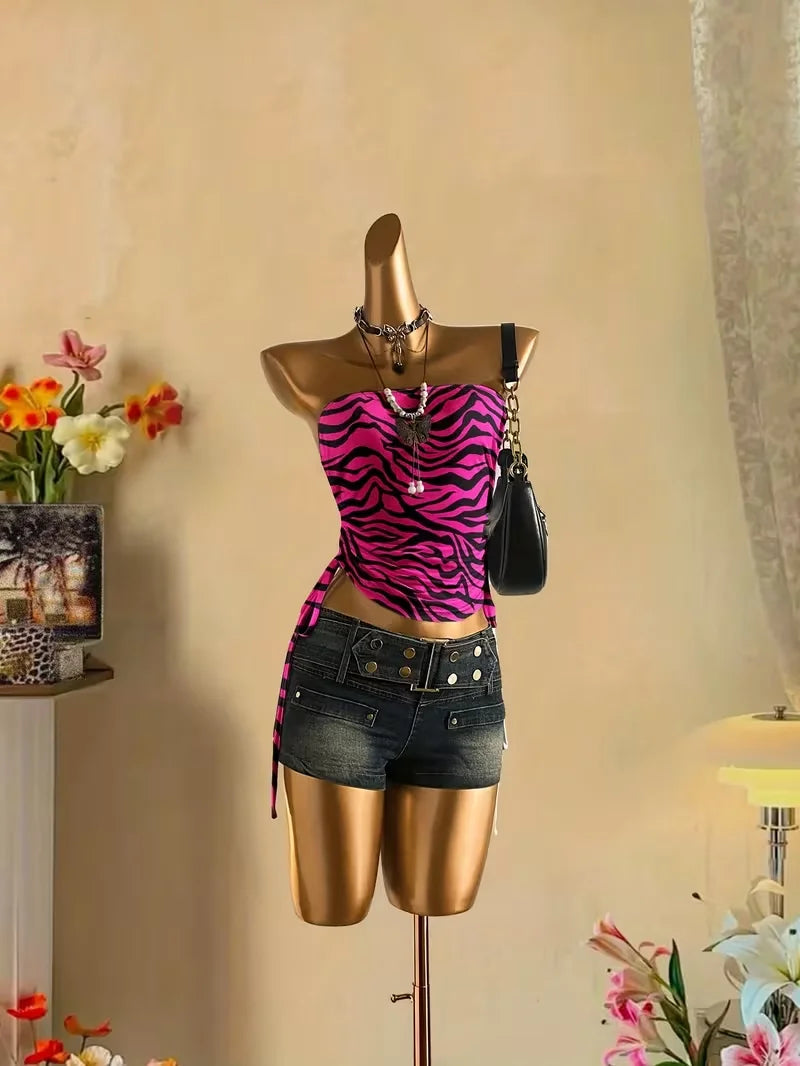 Leopard & Zebra Lace-Up Crop Top – Backless Statement Summer Tank