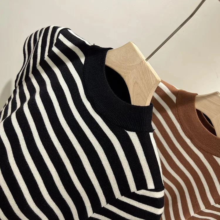 Women’s Striped Mock Neck Knit Top – Slim Fit Cropped Sweater Tee