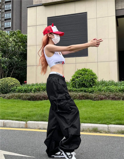 Y2K Black Parachute Cargo Pants – Oversized Wide Leg Streetwear Trousers