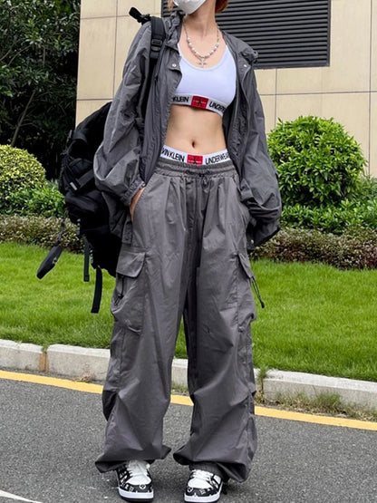 Y2K Black Parachute Cargo Pants – Oversized Wide Leg Streetwear Trousers