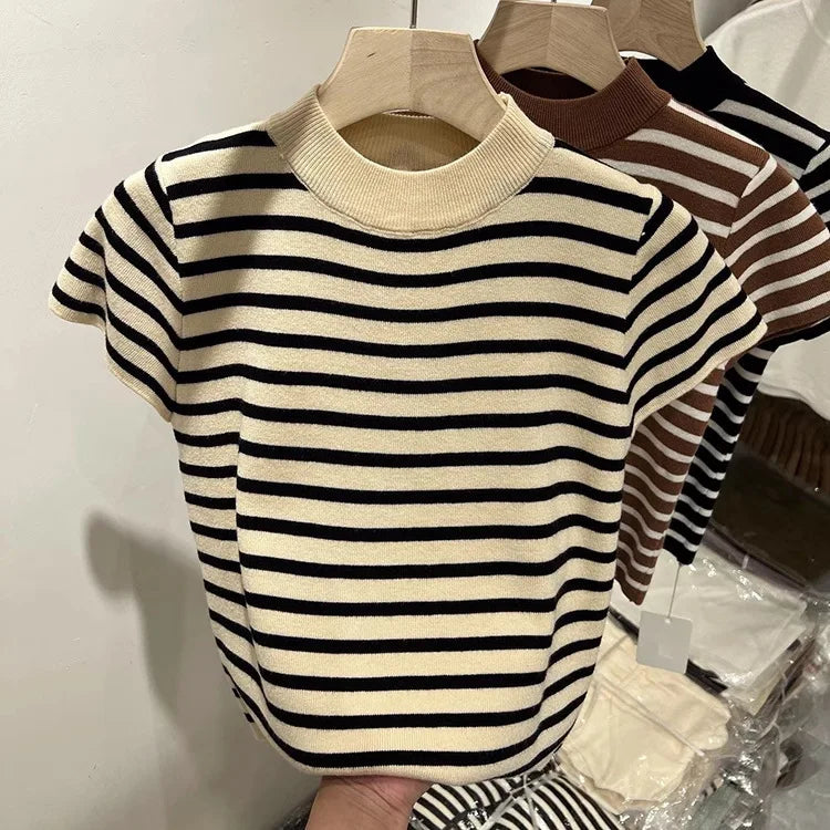 Women’s Striped Mock Neck Knit Top – Slim Fit Cropped Sweater Tee