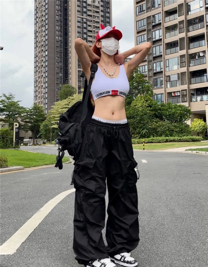 Y2K Black Parachute Cargo Pants – Oversized Wide Leg Streetwear Trousers