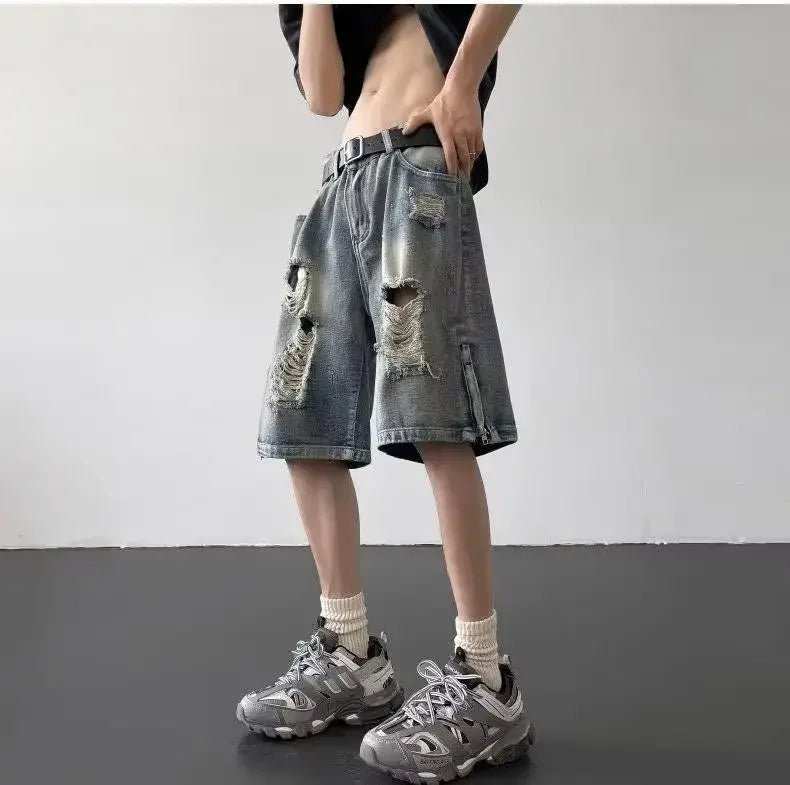 Men’s Ripped Denim Bermuda Shorts – Gothic Streetwear Knee-Length Jorts
