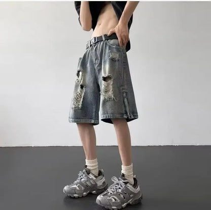 Men’s Ripped Denim Bermuda Shorts – Gothic Streetwear Knee-Length Jorts