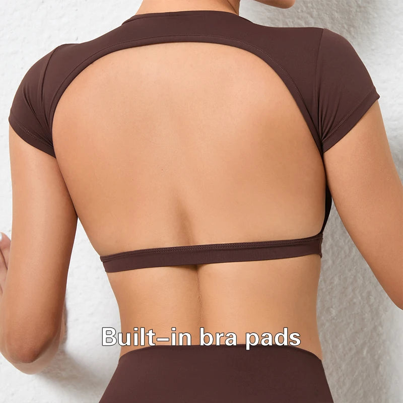 Women’s Backless Sports Crop Top – Slim Fit Yoga & Gym Training Shirt