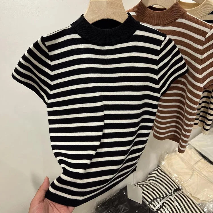 Women’s Striped Mock Neck Knit Top – Slim Fit Cropped Sweater Tee