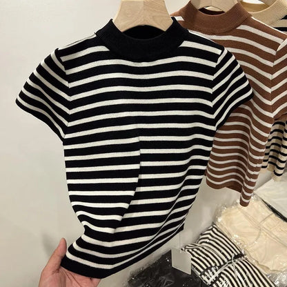 Women’s Striped Mock Neck Knit Top – Slim Fit Cropped Sweater Tee