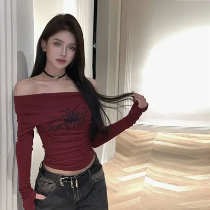 Y2K Gothic Off-Shoulder Top – Grunge Fairycore Long Sleeve Tee