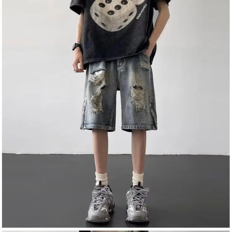 Men’s Ripped Denim Bermuda Shorts – Gothic Streetwear Knee-Length Jorts
