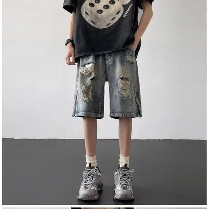 Men’s Ripped Denim Bermuda Shorts – Gothic Streetwear Knee-Length Jorts