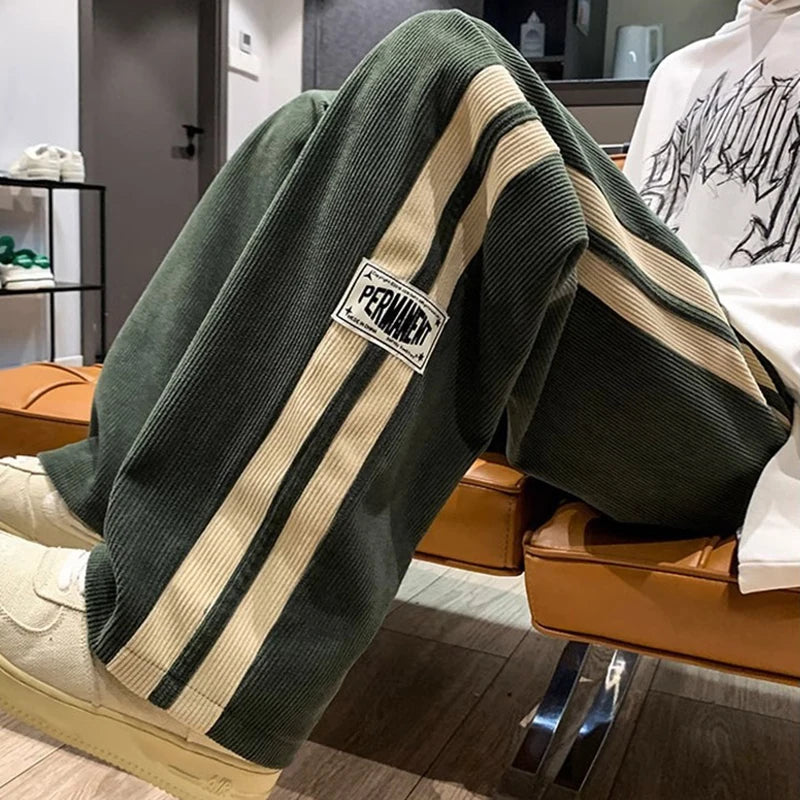 Men’s Wide-Leg Corduroy Pants – Korean Streetwear Striped Loose Trousers