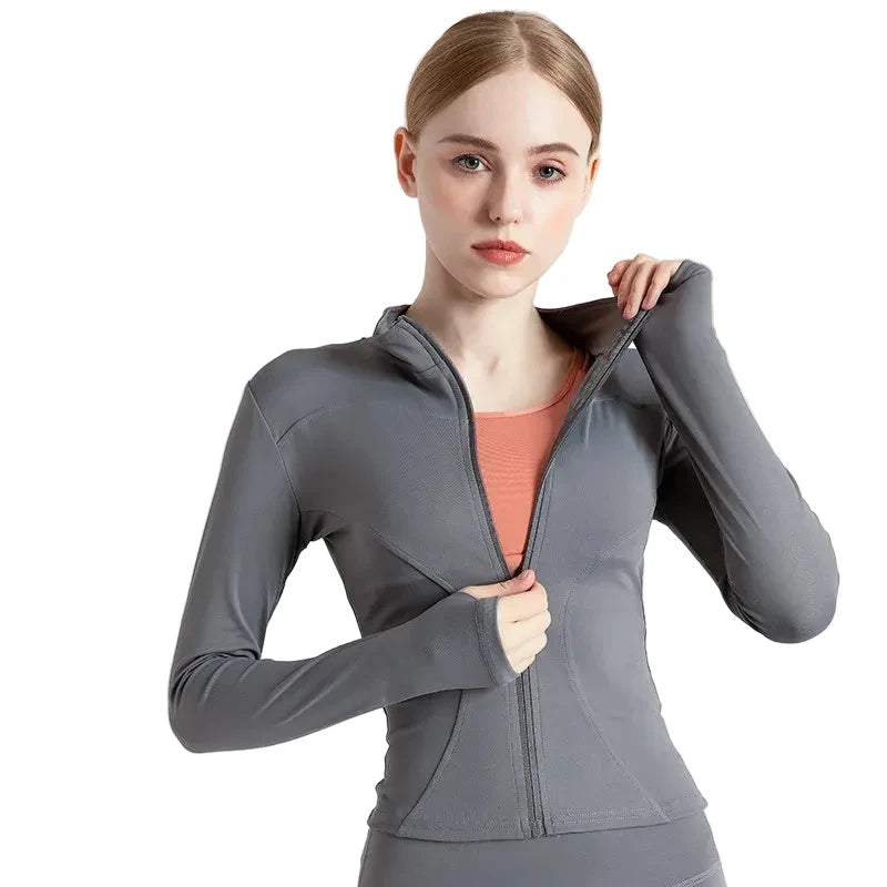 Women’s Stand Collar Yoga Jacket – Slim Fit Zip-Up Gym & Pilates Top with Thumb Holes