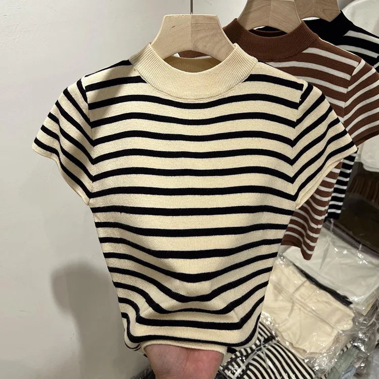 Women’s Striped Mock Neck Knit Top – Slim Fit Cropped Sweater Tee