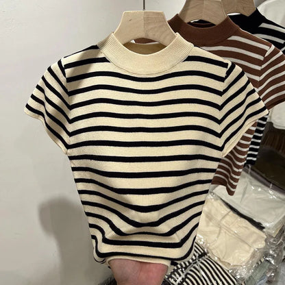 Women’s Striped Mock Neck Knit Top – Slim Fit Cropped Sweater Tee