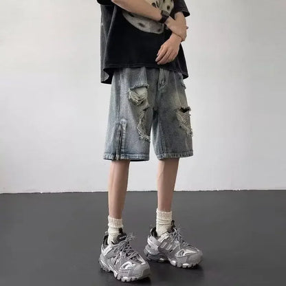 Men’s Ripped Denim Bermuda Shorts – Gothic Streetwear Knee-Length Jorts