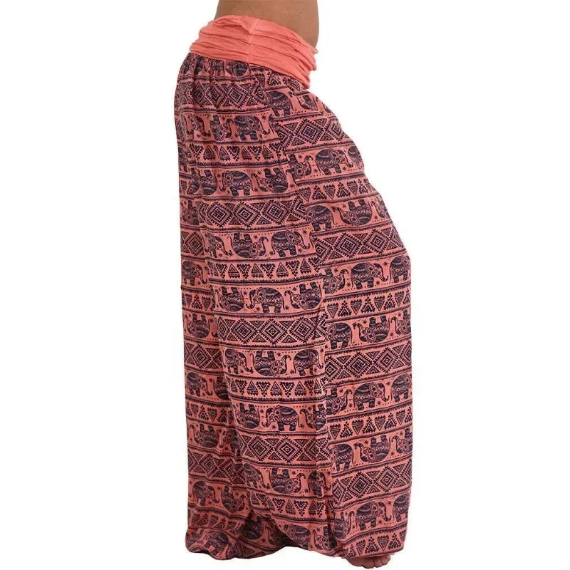 Mystic Geometric Harem Pants – Boho Elephant Print Wide Leg Trousers