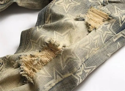 Men’s Distressed Slim Fit Jeans – Punk Rock Star Print Streetwear Denim