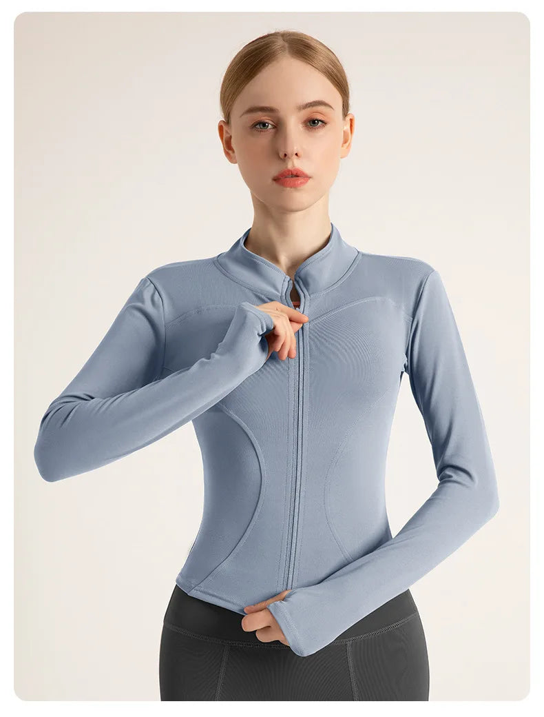 Women’s Stand Collar Yoga Jacket – Slim Fit Zip-Up Gym & Pilates Top with Thumb Holes