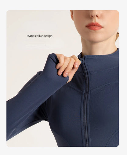 Women’s Stand Collar Yoga Jacket – Slim Fit Zip-Up Gym & Pilates Top with Thumb Holes