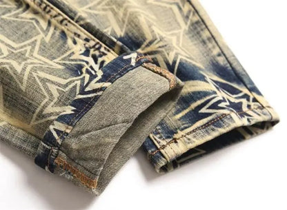 Men’s Distressed Slim Fit Jeans – Punk Rock Star Print Streetwear Denim
