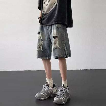 Men’s Ripped Denim Bermuda Shorts – Gothic Streetwear Knee-Length Jorts