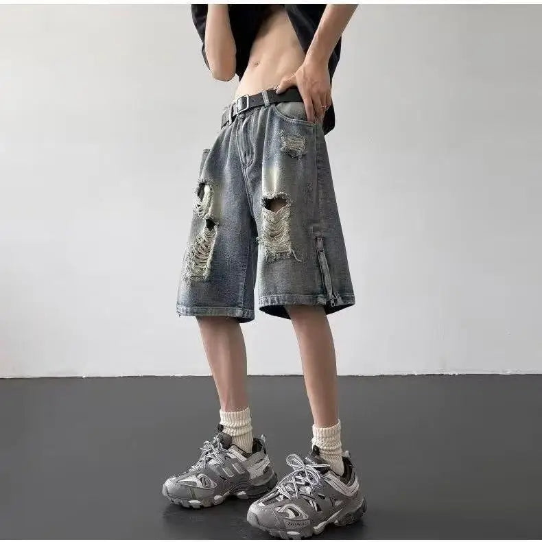Men’s Ripped Denim Bermuda Shorts – Gothic Streetwear Knee-Length Jorts