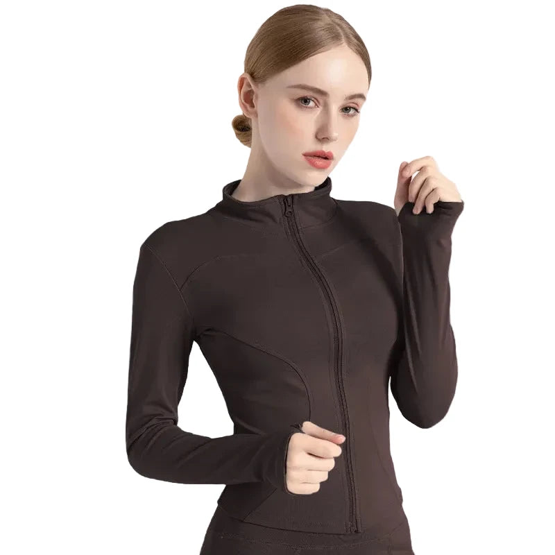 Women’s Stand Collar Yoga Jacket – Slim Fit Zip-Up Gym & Pilates Top with Thumb Holes