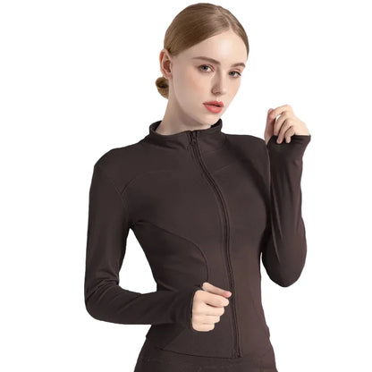 Women’s Stand Collar Yoga Jacket – Slim Fit Zip-Up Gym & Pilates Top with Thumb Holes