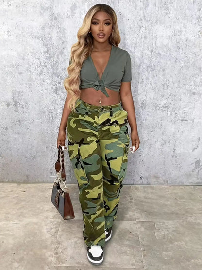 Women’s Camouflage Cargo Pants – Y2K Straight Leg Army Style Trousers