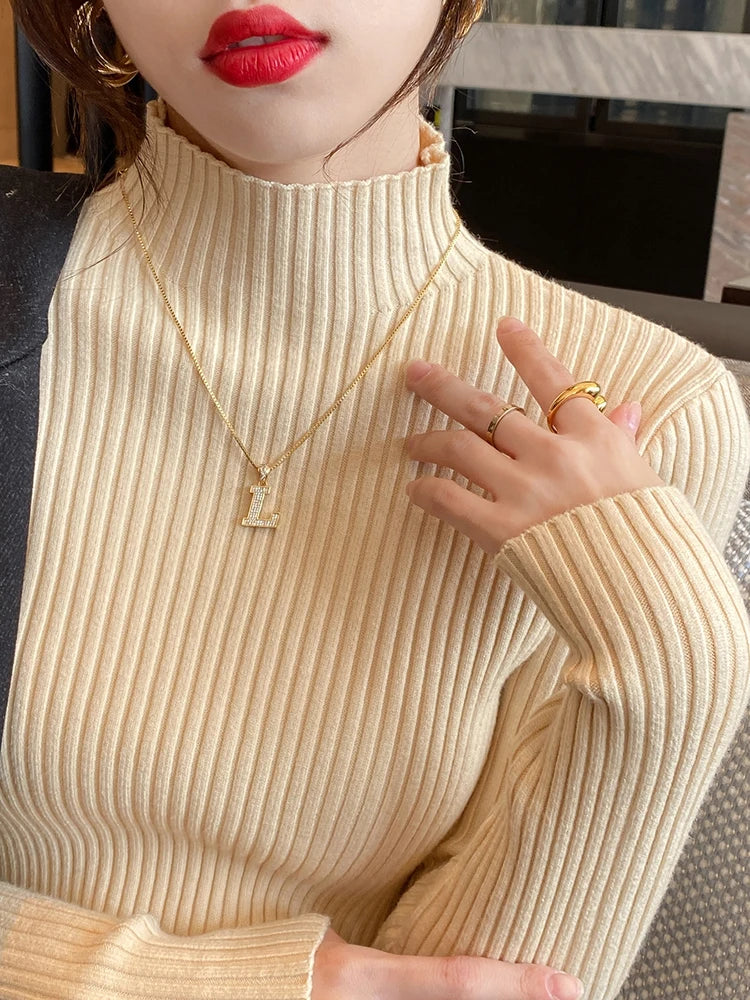 Women’s Minimal Mock Neck Knit Top – Slim Fit Long Sleeve Sweater