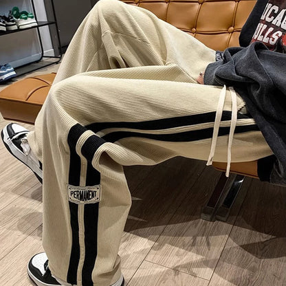 Men’s Wide-Leg Corduroy Pants – Korean Streetwear Striped Loose Trousers