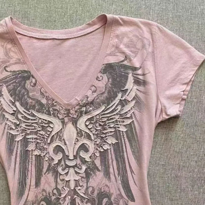 Y2K Vintage V-Neck Graphic T-Shirt – Punk Chic Streetwear Tee