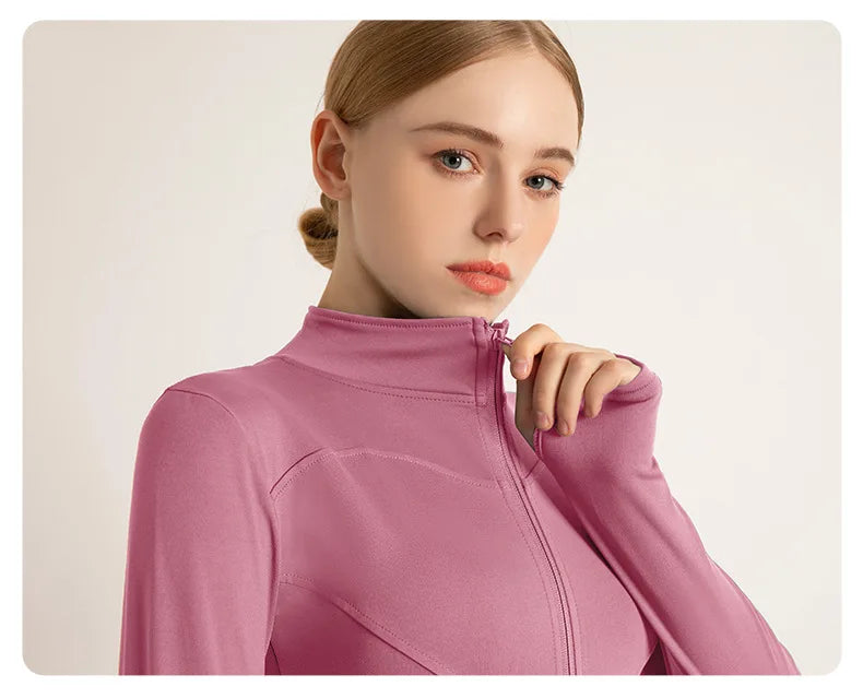 Women’s Stand Collar Yoga Jacket – Slim Fit Zip-Up Gym & Pilates Top with Thumb Holes
