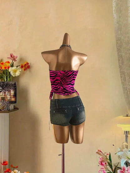Leopard & Zebra Lace-Up Crop Top – Backless Statement Summer Tank