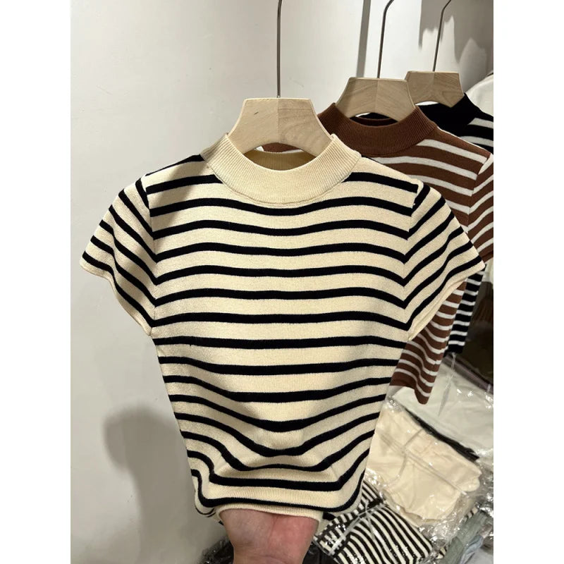 Women’s Striped Mock Neck Knit Top – Slim Fit Cropped Sweater Tee