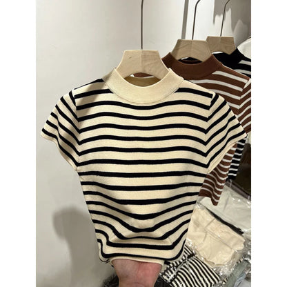 Women’s Striped Mock Neck Knit Top – Slim Fit Cropped Sweater Tee