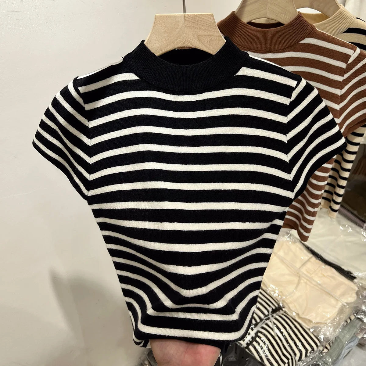 Women’s Striped Mock Neck Knit Top – Slim Fit Cropped Sweater Tee