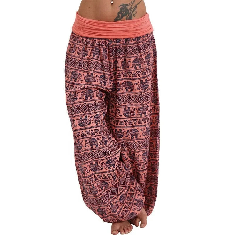 Mystic Geometric Harem Pants – Boho Elephant Print Wide Leg Trousers