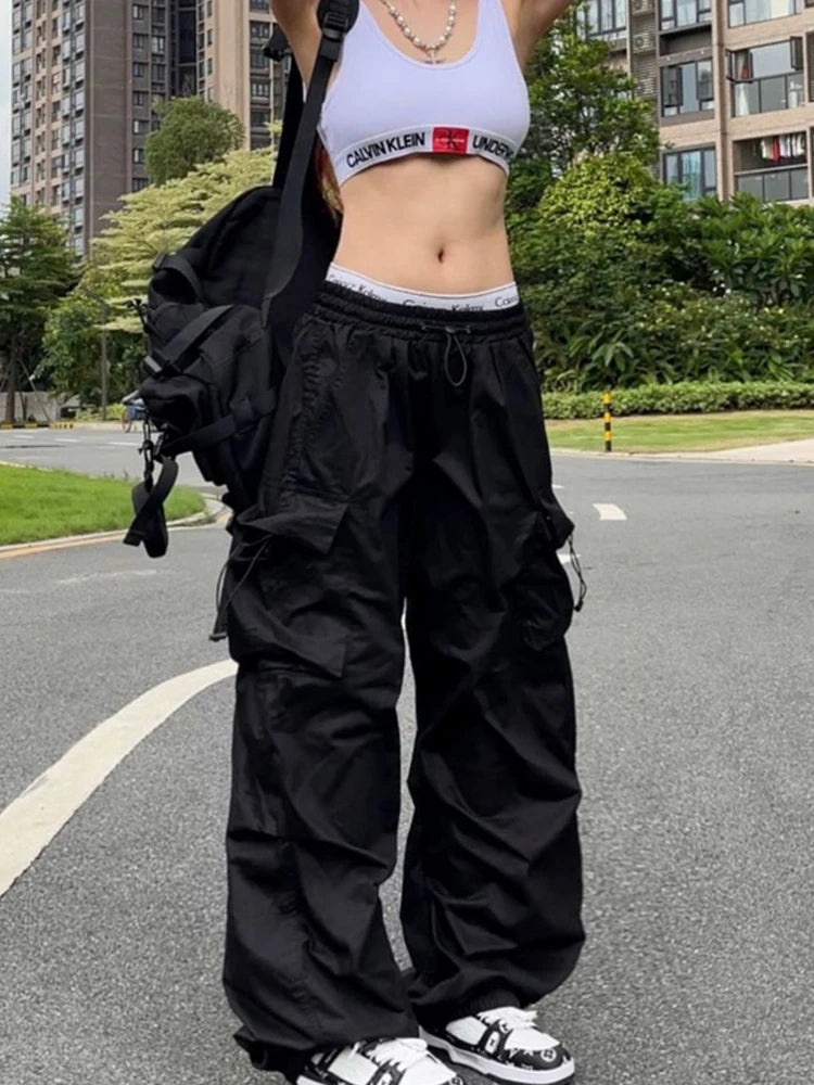 Y2K Black Parachute Cargo Pants – Oversized Wide Leg Streetwear Trousers
