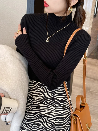 Women’s Minimal Mock Neck Knit Top – Slim Fit Long Sleeve Sweater