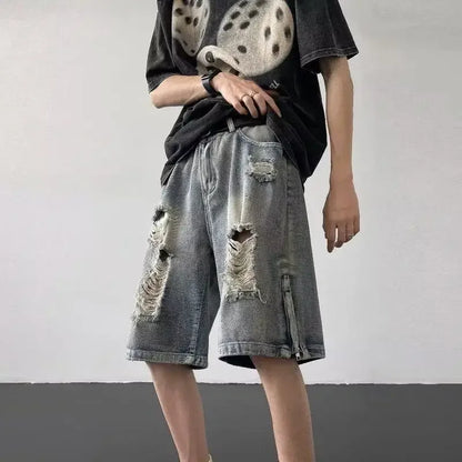 Men’s Ripped Denim Bermuda Shorts – Gothic Streetwear Knee-Length Jorts