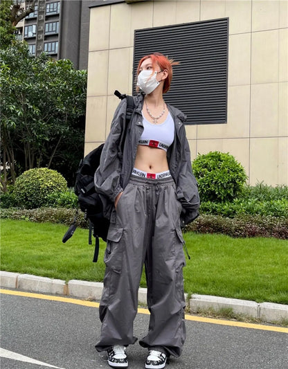 Y2K Black Parachute Cargo Pants – Oversized Wide Leg Streetwear Trousers