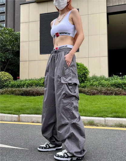 Y2K Black Parachute Cargo Pants – Oversized Wide Leg Streetwear Trousers