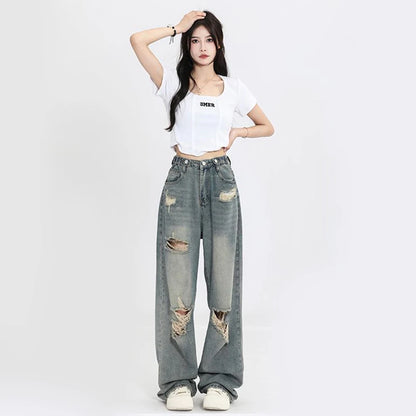 American Retro Hole-Punched Jeans – High Waist Wide Leg Distressed Streetwear Denim