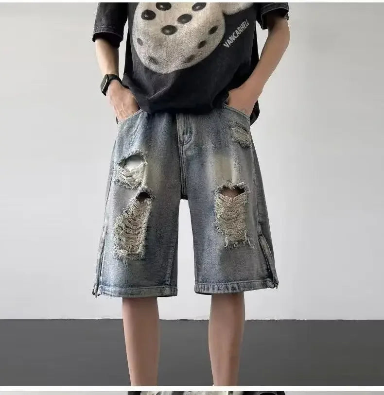 Men’s Ripped Denim Bermuda Shorts – Gothic Streetwear Knee-Length Jorts