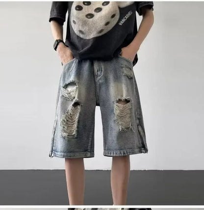 Men’s Ripped Denim Bermuda Shorts – Gothic Streetwear Knee-Length Jorts