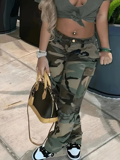 Women’s Camouflage Cargo Pants – Y2K Straight Leg Army Style Trousers